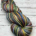 A twisted skein of multicolored sock yarn.